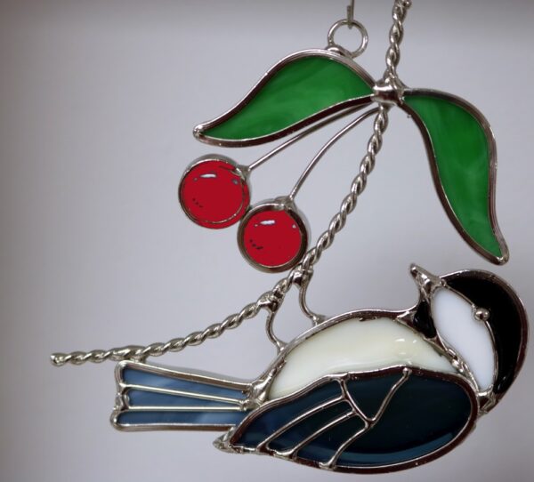 Stained Glass Chickadee hanging on branch with cherries suncatcher.