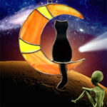 Stained Glass Cat in the Moon, Orange, Blue, or Red Moon,  Stained Glass. Cat lover gift.