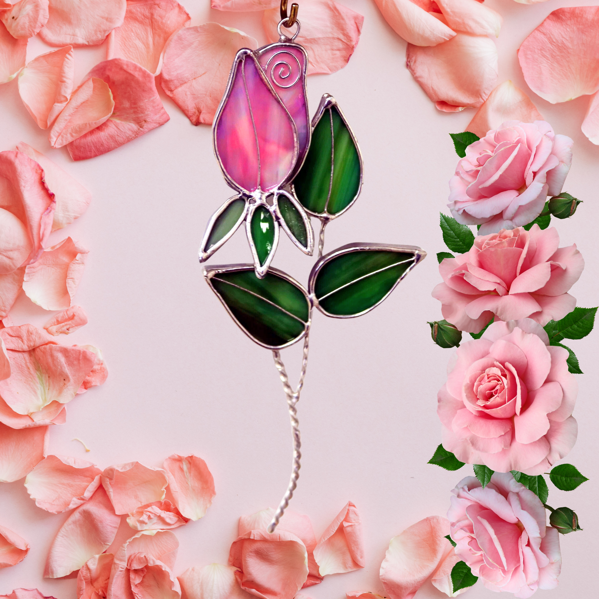Stained Glass Red, Pink, or Yellow Rose Suncatcher. Width: 4.25 inches Height: 7 inches