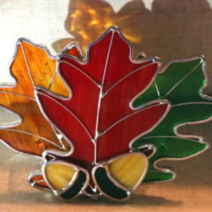 Stained Glass Votive. 3 Oak leaves with Acorn, and Candle.