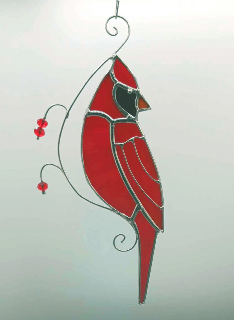 Stained glass Cardinal on wire with berry beads