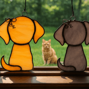Stained Glass Puppy Suncatcher. Hand made in Michigan. Genuine Stained Glass. Tiffany Style foil.