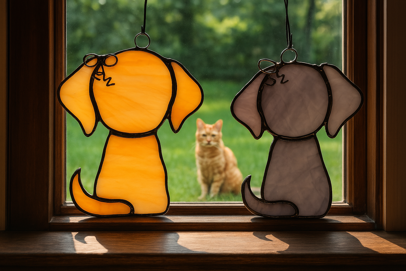 Stained Glass Puppy Suncatcher. Hand made in Michigan. Genuine Stained Glass. Tiffany Style foil.