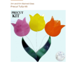 Pink yellow and orange tulips with 2 green leaves