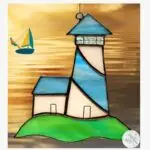 Light House Stained Glass Suncatcher, Blue Accent, Hand Made.