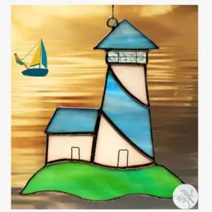 Light House Stained Glass Suncatcher, Blue Accent, Hand Made.